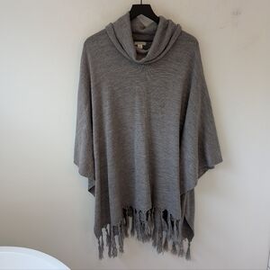 Garnet Hill Women's Grey Wool Cowl Neck Fringe Poncho Sweater Medium